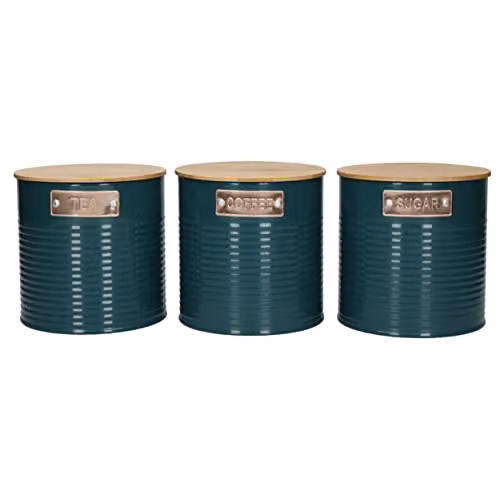 KitchenCraft Airtight Storage Canisters, 3 Piece Set in Turquoise and Petrol with Bamboo and Metal Lids – 1