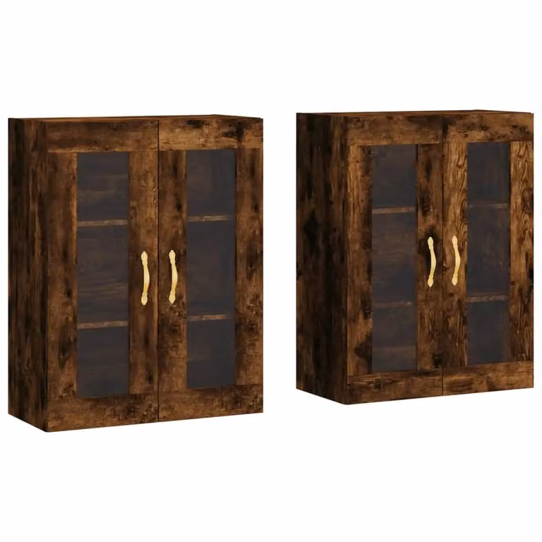 Berkfield Home Set of 2 Wall Mounted Smoked Oak Cabinets with Glass Doors in Brown