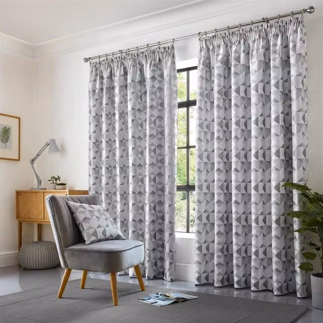 Livinluxury Scandi Graphic Pencil Pleat Taped Top Curtains in Silver and Grey