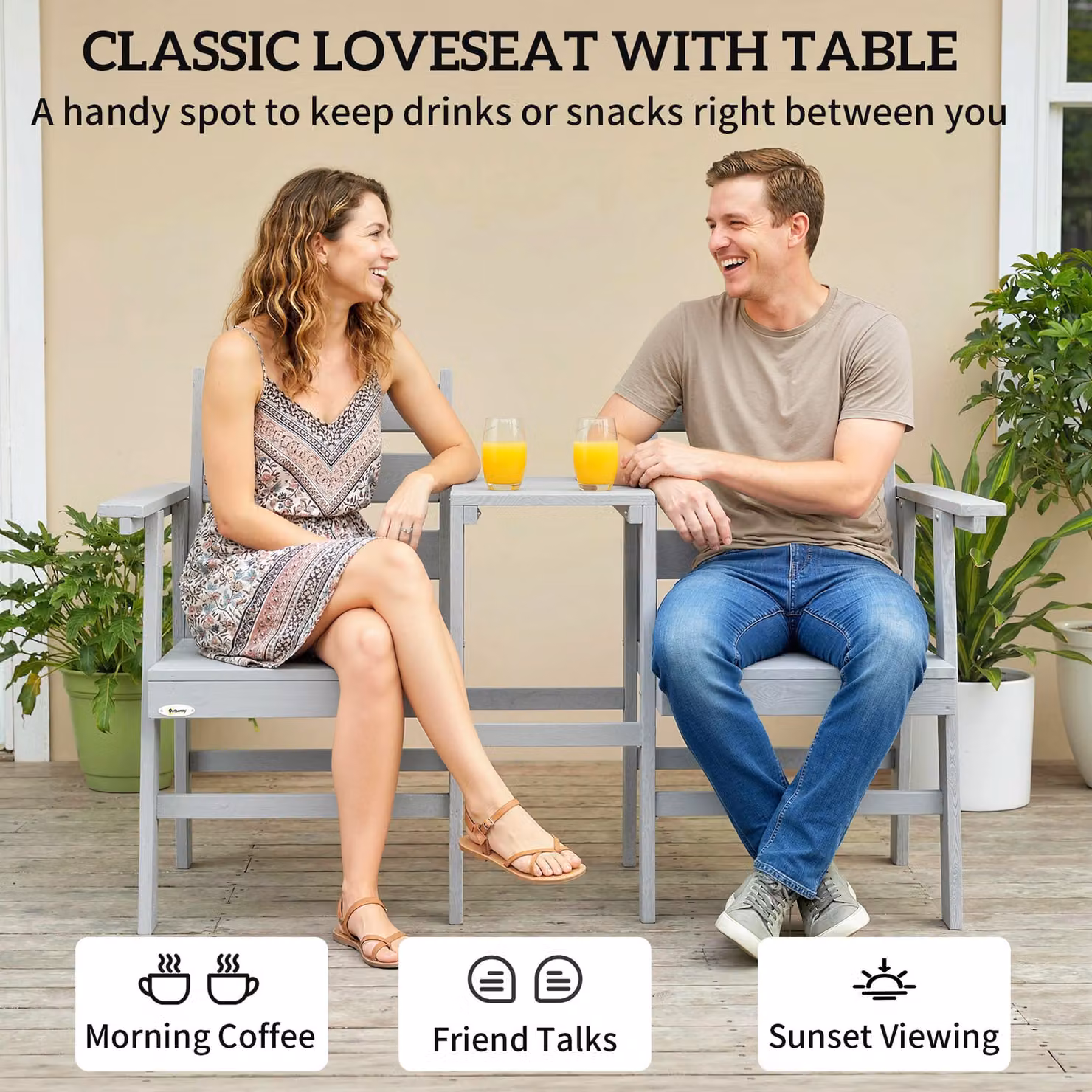 Outsunny Grey Embossed Wooden Jack and Jill Outdoor Garden Loveseat with Integrated Table – 3