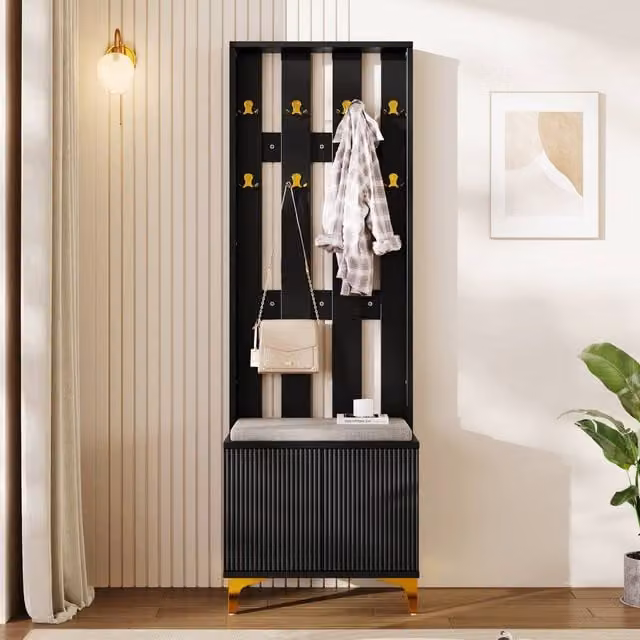 BTM Modern Hallway Wardrobe Set with Shoe Bench, Hooks and Drawer Cabinet in Black – 1