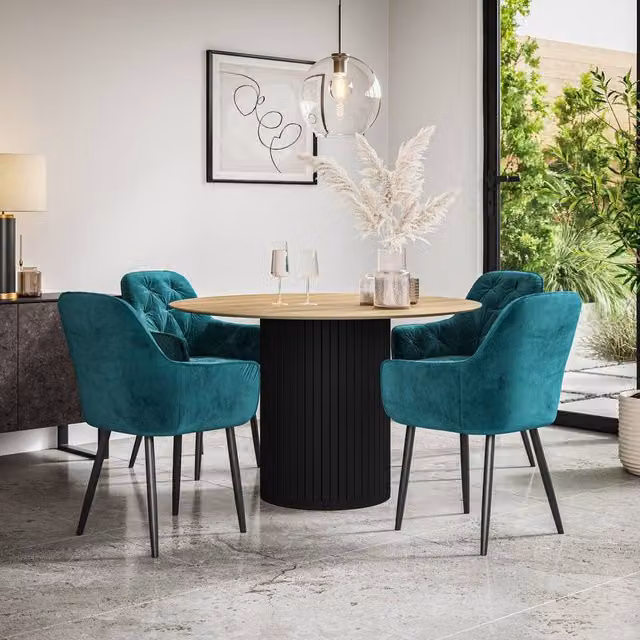 More4Homes Arlo Oak Round Dining Table with Black Legs and Set of 4 Anika Petrol Teal Velvet Dining Chairs, W/D/H: 120 x 120 x 75 cm – 1