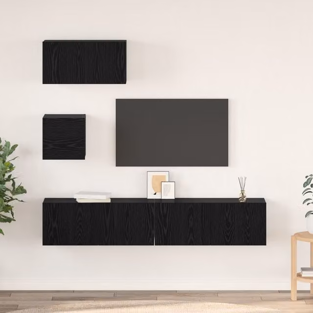 Berkfield Home 4-Piece Modern Wall Mounted TV Unit Set in Black Oak, W/D/H: 80 x 30 x 30 cm