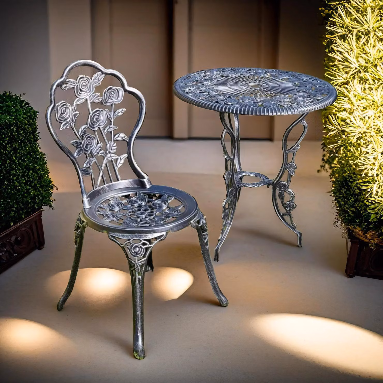 FURNOS Set of 3 Cast Iron Rose Floral Bistro Table and Chairs in Antique Grey – 4