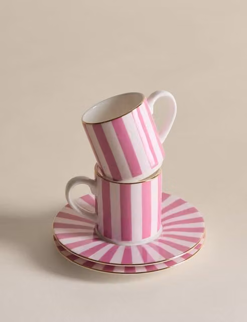 M&S Bone China Striped Espresso Cup and Saucer Set, 2 Pack, Bright Pink