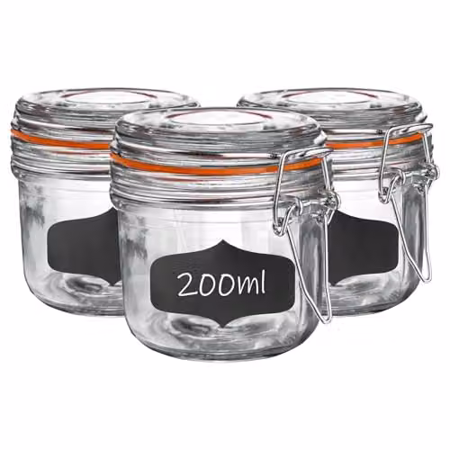 Argon Tableware 6 Pack Transparent Glass Storage Jars with Airtight Stainless Steel Clip Lids and Silicone Seals, 200ml – 1