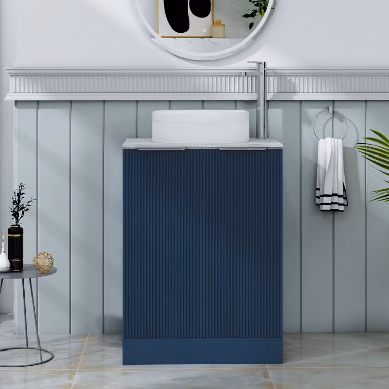Royal Bathrooms Evora Midnight Blue Fluted Floor Standing Countertop Vanity Unit with Round Basin and 2 Soft Close Doors