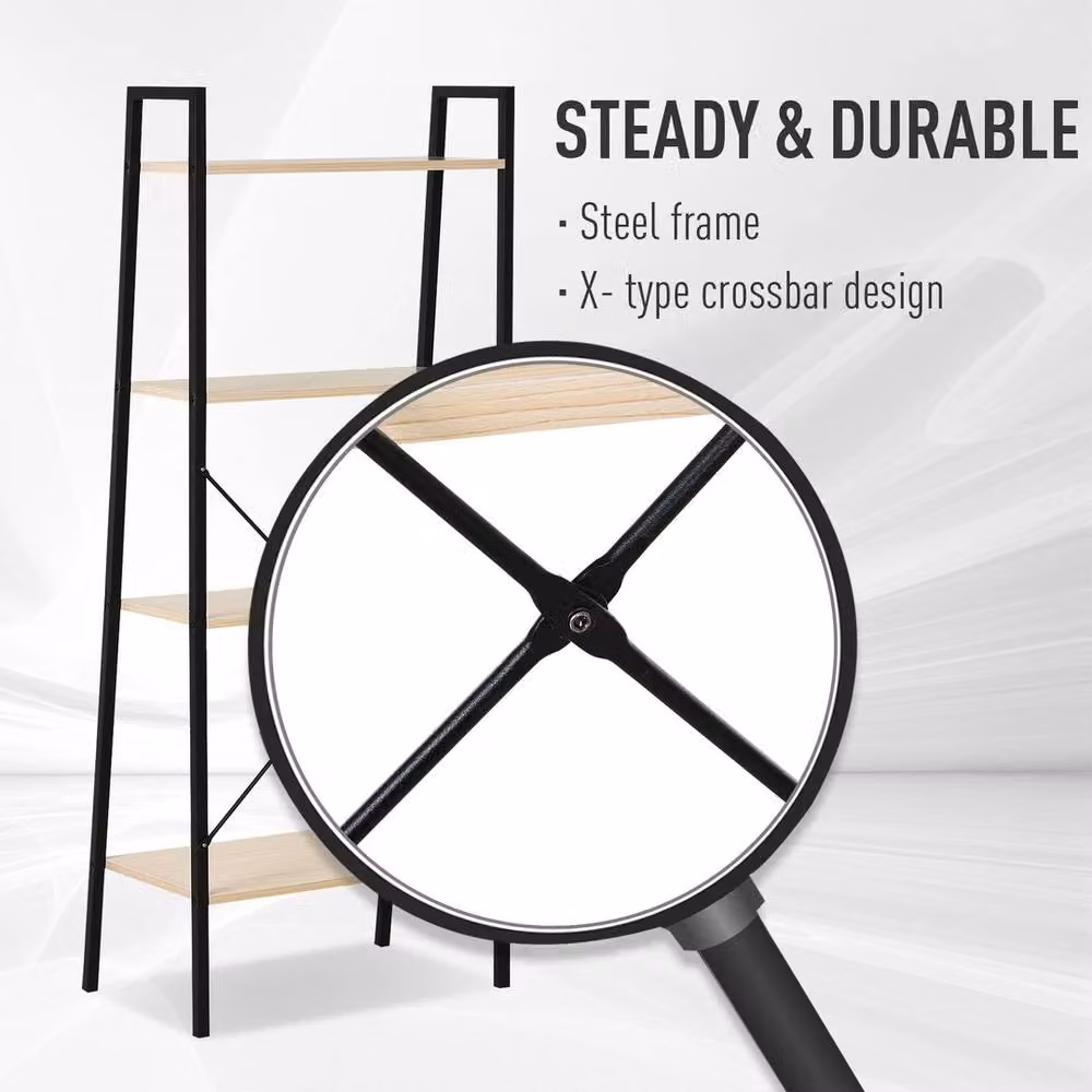 NESTLUNE 4-Tier Minimalist Ladder Shelf Unit in Matt Black Metal and MDF, Height: 100 cm, Depth: 15 cm – 4