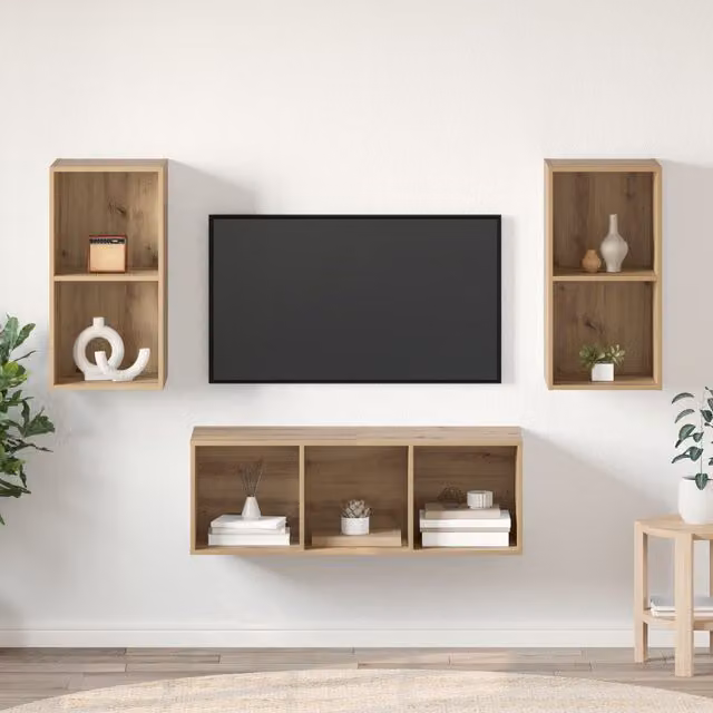 Berkfield Home 3-Piece Wall-Mounted TV Cabinet Set with Shelf in Artisan Oak Brown, W/D/H: 37 x 37 x 107 cm – 1