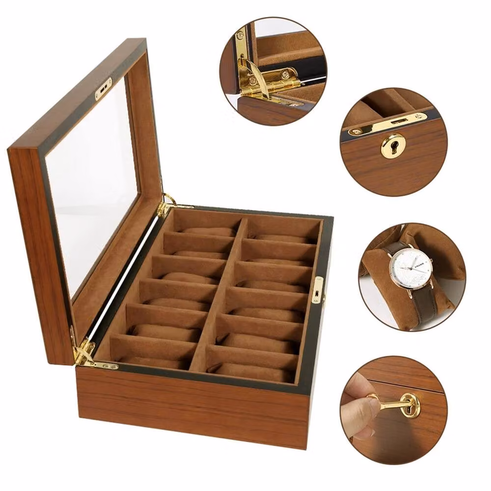 NESTLUNE Lockable 12 Watch Display Grid Box in Brown Wood and Metal – 3