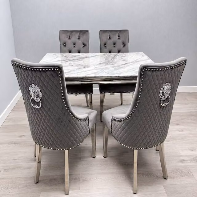 Soft Snooze Beds Novelle Grey and Silver Marble Dining Table and Chair Set W: 160 cm, D: 90 cm