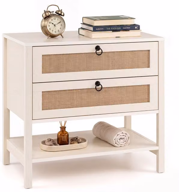 Costway Boho Rattan and Oak Accent Table in White