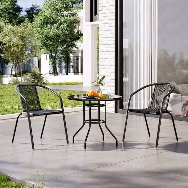 Breeins Outdoor Garden Table Set with 2 Black Rattan Chairs and Tempered Glass Top