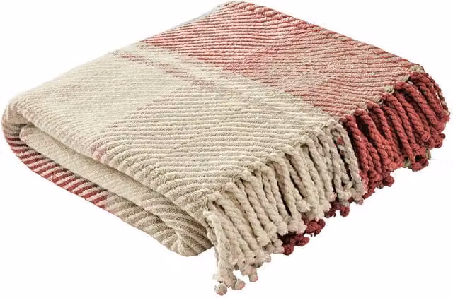Laura Ashley Dylan Woven Cotton Checked Throw with Fringes, Red, W: 150 cm, L: 200 cm