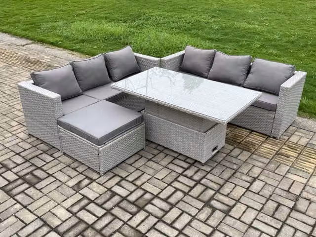 Fimous Light Grey Rattan Garden Furniture Set with Height Adjustable Lifting Table and Large Footstool