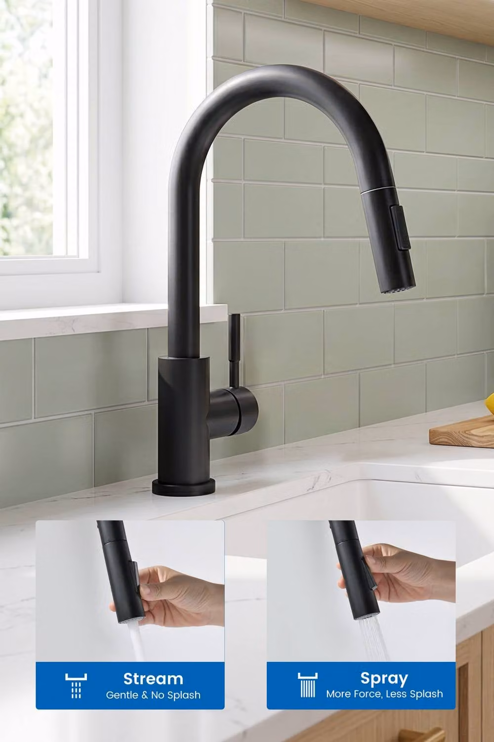 JANLEMNY Matt Black Stainless Steel Kitchen Mixer Tap with Pull Out Spray and 360 Degree Swivel Spout – 2