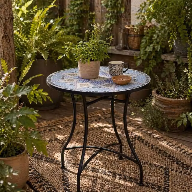 Wyld Haus Makema Blue and White Ceramic Round Mosaic Outdoor Bistro Table, W/D/H: 60 x 60 x 71 cm