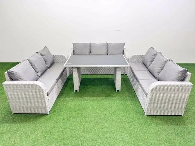 Fimous Modern Rattan Garden Furniture Set in Light Grey with Metal and Glass Details