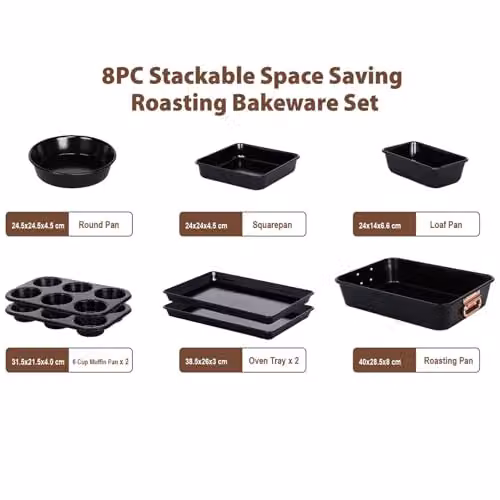 Gr8 Home 8 Piece Non Stick Carbon Steel Stackable Bakeware Set in Black with Gold Handles – 2