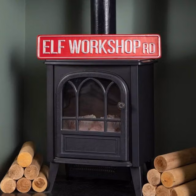 Samuel Alexander Red Metal Christmas Elf Workshop Hanging Road Sign Decoration – 1