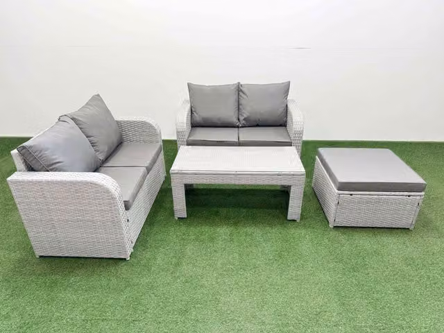 Fimous 5 Seater Rattan Garden Furniture Set in Light Grey with Outdoor 2 Seater Sofa, Coffee Table and Ottoman