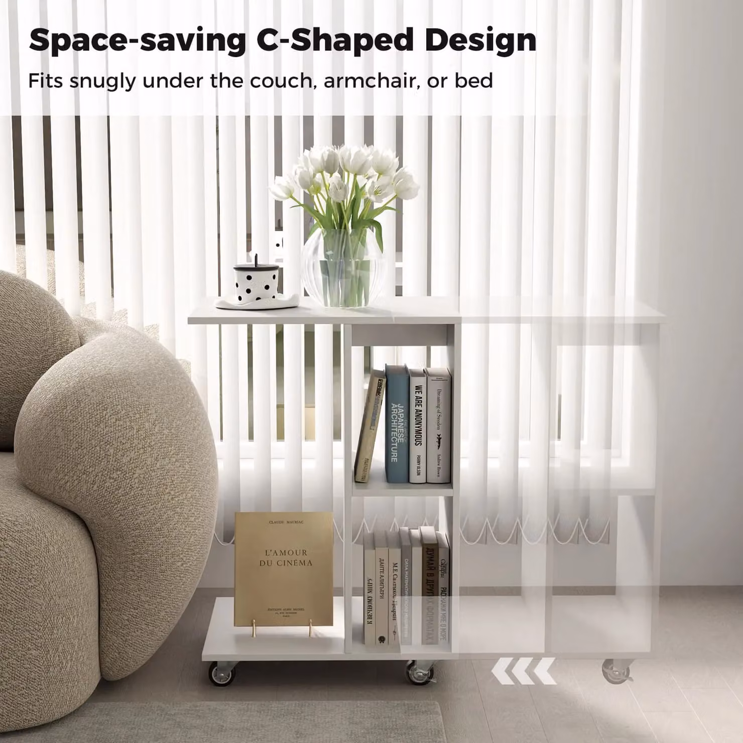 Costway C-Shaped End Table with Storage Shelves in White – 3