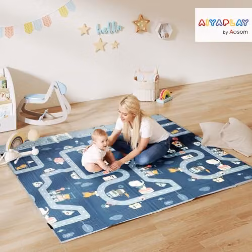 AIYAPLAY Foldable XPE Foam Baby Play Mat in Grey Diamond and Traffic Theme, W/D/H: 180.5 x 140 x 1.6 cm – 2
