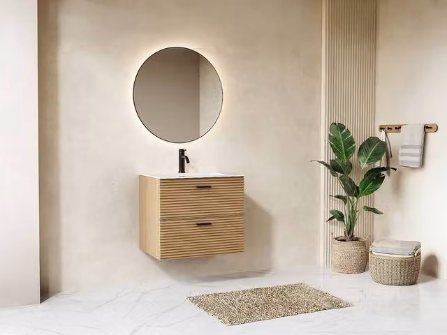 Vente-unique Fluted Wall-Hung Vanity Unit with 2 Drawers in Light Oak Beige, W: 60 cm, D: 46 cm, H: 55 cm
