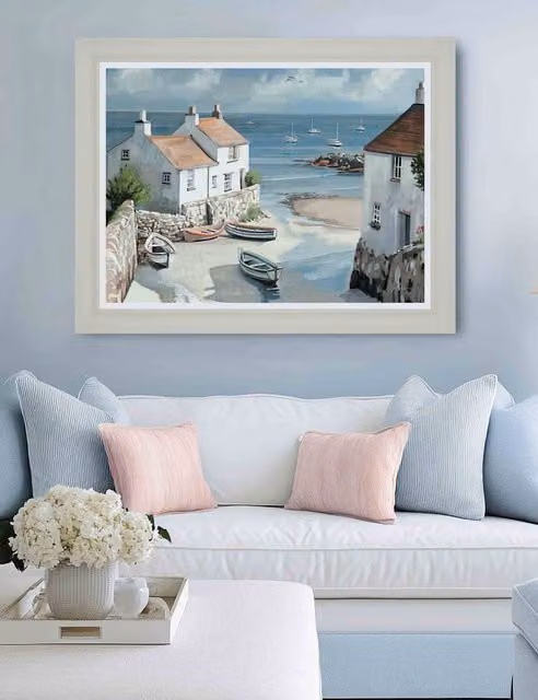 Gallery Direct Calm Cove Maritime Framed Canvas in White, Red and Multicolour