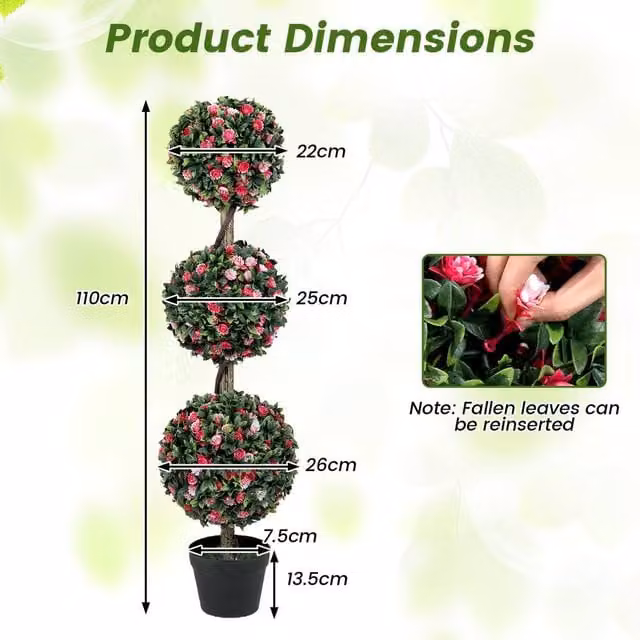 Costway Artificial Triple Ball Rose Topiary Tree, Pink Multicolour Faux Potted Floral Plant