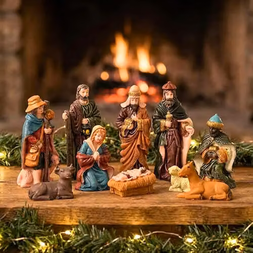 Shatchi Handmade Nativity Scene Wooden Stable Figurine, Multicolour Christmas Decoration – 8