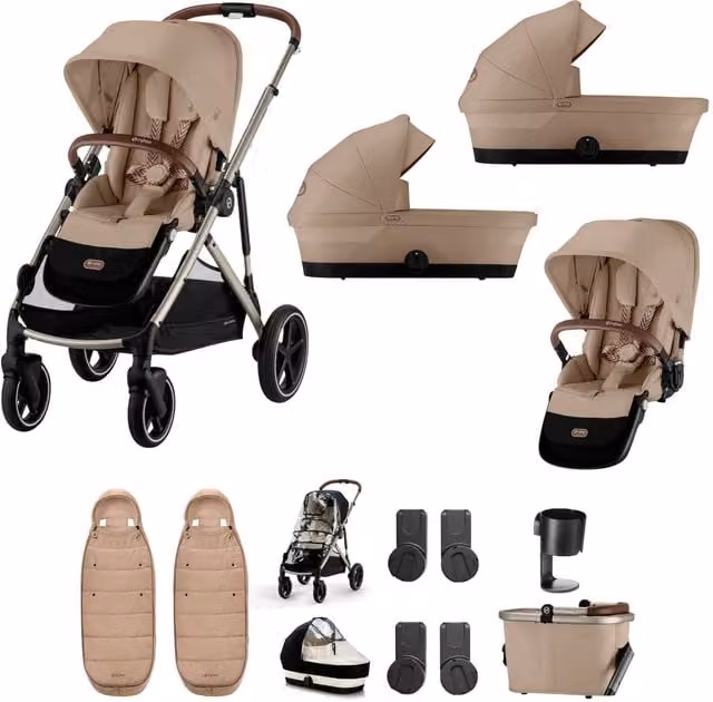 Cybex Gazelle S Twin Pushchair Bundle in Almond Beige, 12 Piece 3-in-1 Set with Carrycot, Sport Seat, Adapters, Cup Holder and Foam Details