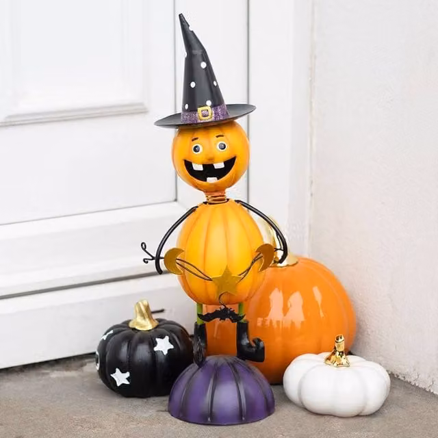 Uniqueful Orange Metal Pumpkin Man Ornament with Witch Hat for Halloween and Autumn, Height: 15 cm