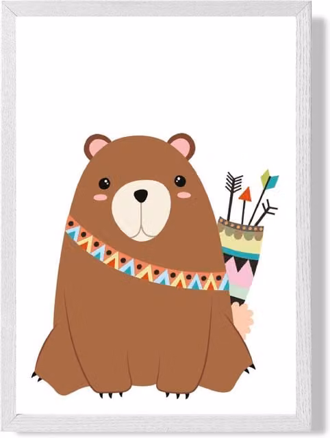 ARTZE Bear Tribal Animal Framed Print, Multicolour Ethnic Paper Poster with White and Brown Frame, A3 – 1