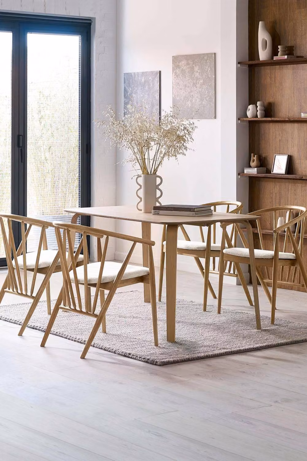 Julian Bowen Rory Curved Spindle Back Upholstered Dining Chair in Light Oak and Beige Fabric – 2