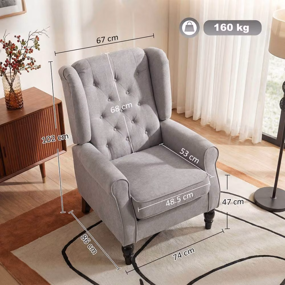 ERGOVEXA Retro Fabric Tub Accent Chair with Armrests and Solid Wood Frame, Grey, H 86.0 x W 74.0 x D 102.0 cm – 2