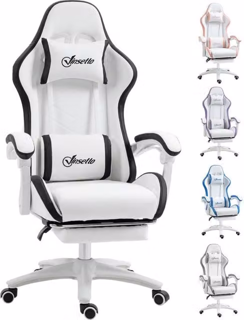 Rolipo White PU Leather Gaming Chair with 135 Degree Recline, Headrest, Footrest and 360 Degree Swivel