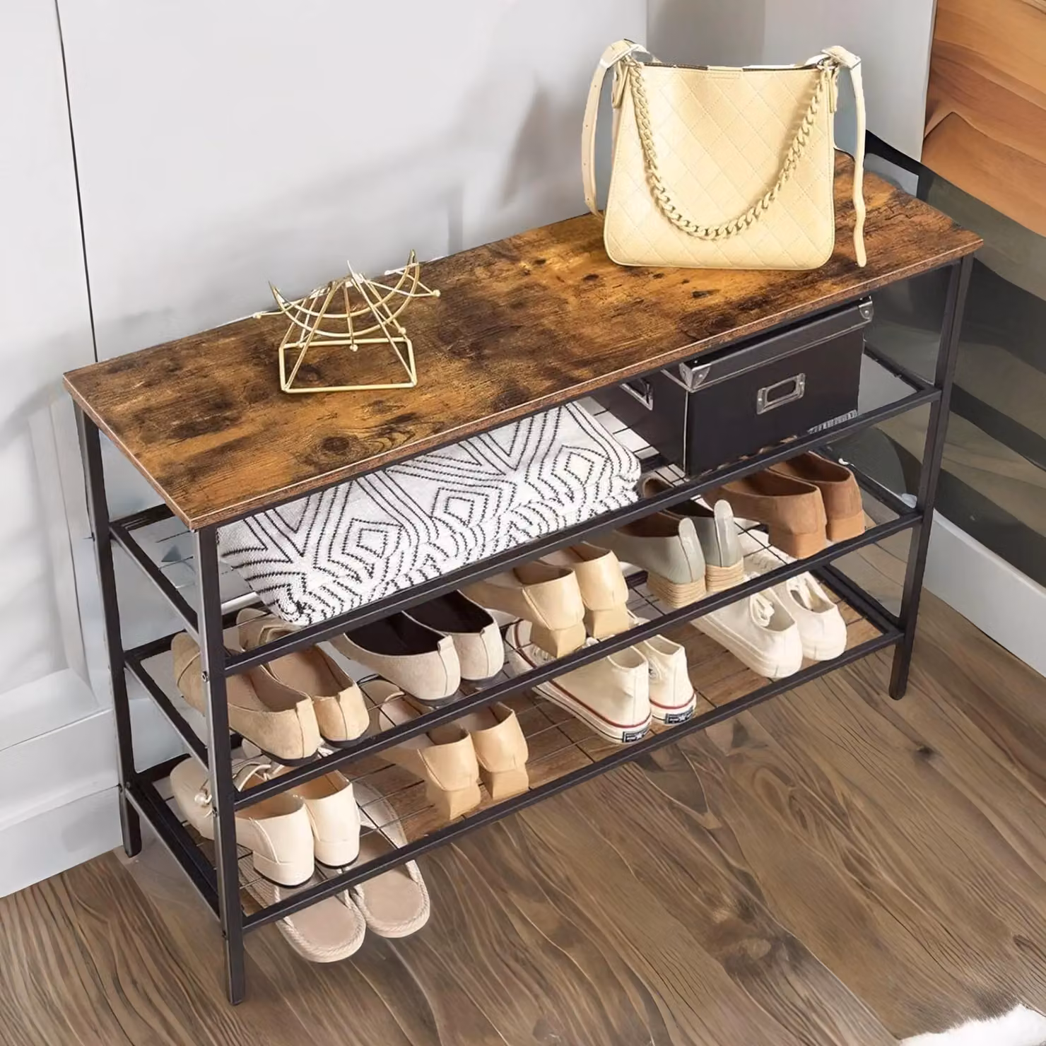 Rafaelo Mobilia 4-Tier Industrial Shoe Rack in Brown and Black, W/D/H: 68 x 30 x 10 cm – 4
