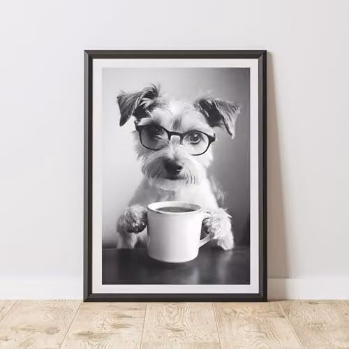 60 Second Makeover Funny Terrier Drinking Coffee Paper Poster, Multicolour, A4