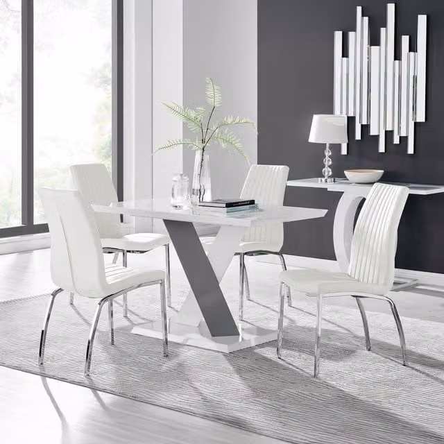 Furniturebox Monza White High Gloss Rectangular Dining Table and 4 Isco Chairs in White and Grey