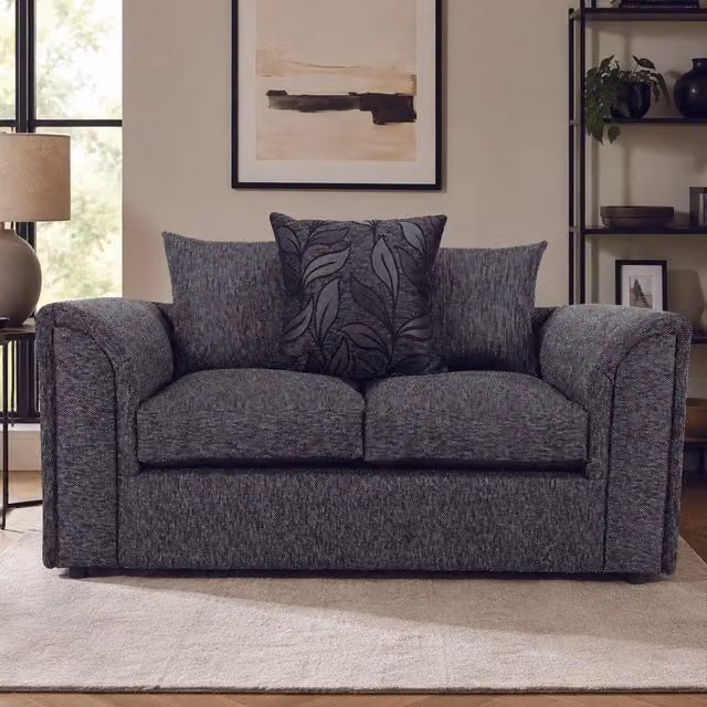 Furnishings For Less UK Byron Dundee Chenille Fabric 2 Seater Sofa in Grey with Scatter Cushions and Removable Covers