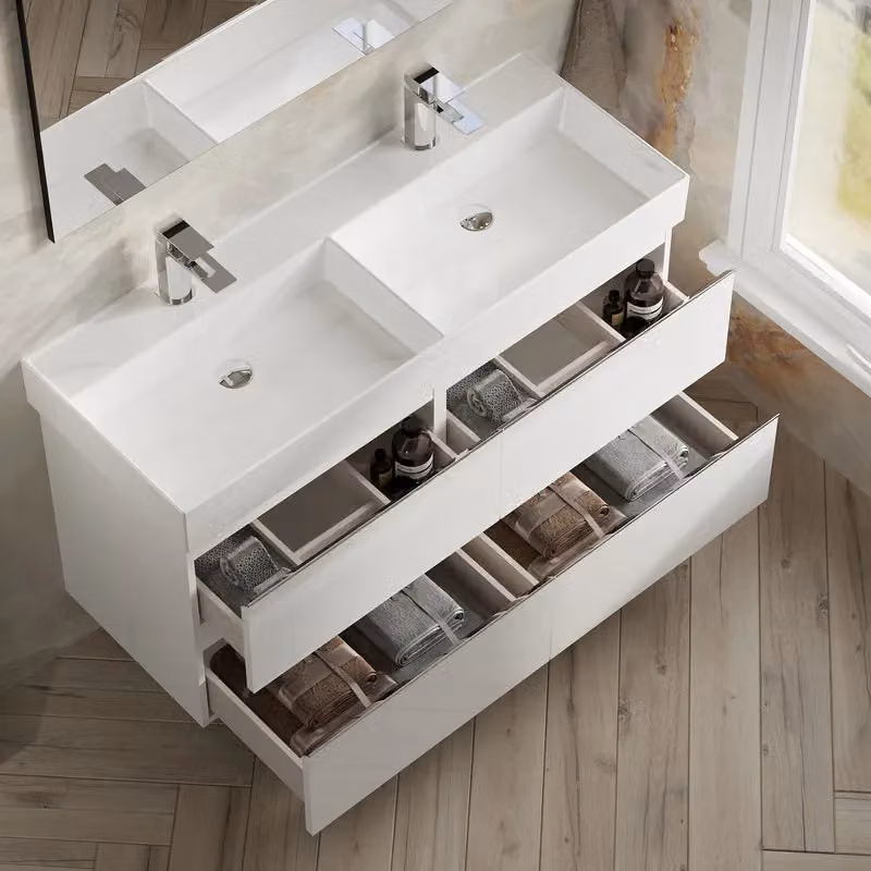Banyetti Vatilla 1200mm Wall Hung Vanity Unit with Veneto 2 Tap Hole Basin, Gloss White, W: 120 cm, D: 45 cm, H: 59 cm – 3