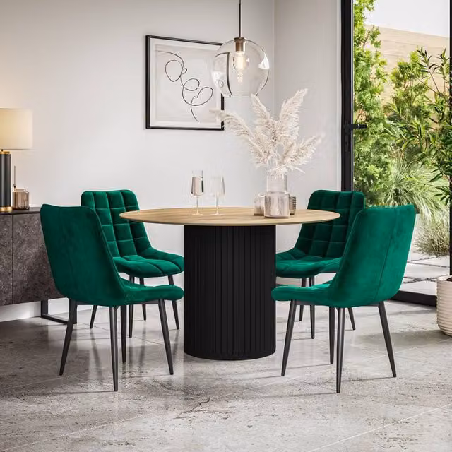 More4Homes Arlo Oak Round Dining Table with Black Legs and 6 Green Nova Velvet Dining Chairs Set, W/D/H: 120 x 120 x 75 cm – 1