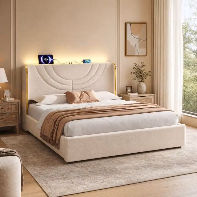 STILVORA King Size Fabric Bed Frame in Beige with Hydraulic Lift-Up Storage, LED Headboard and USB Charging Port, W/D/H: 180 x 200 x 108 cm – 1