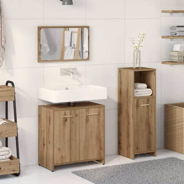 Berkfield Home 3 Piece Modern Bathroom Furniture Set in Artisan Oak Brown, including Vanity Unit, Mirror Cabinet and Tall Cabinet – 1