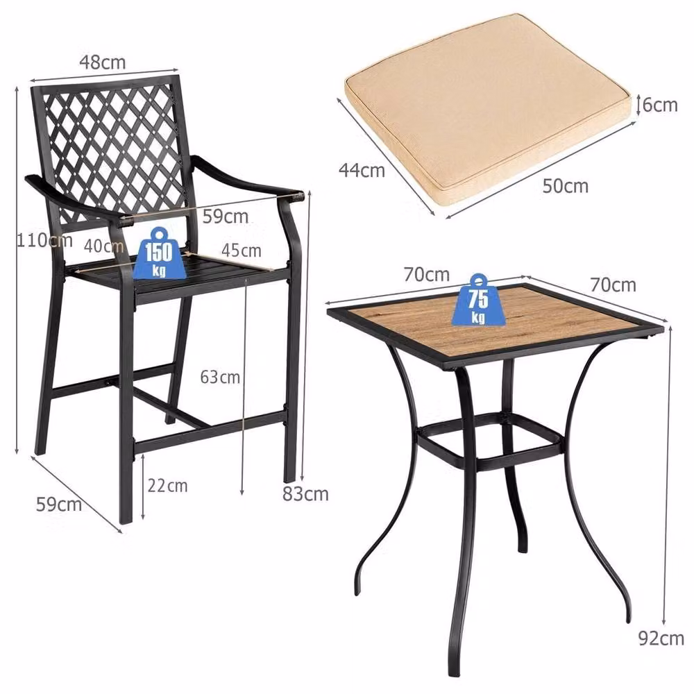 NESTLUNE 3 Piece Bar Height Outdoor Bistro Set in Matt Black Metal – 2