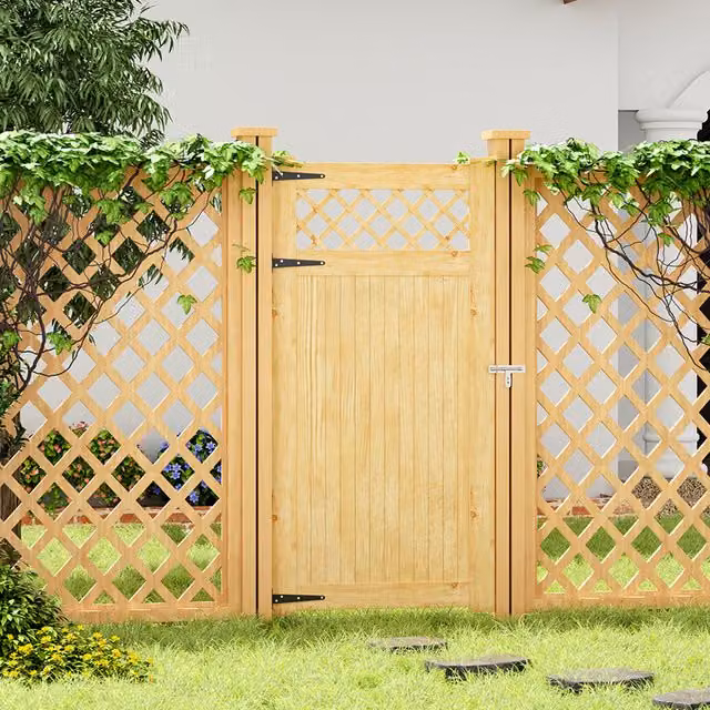Livingandhome Rhombus Wood Garden Single Gate in Natural Brown, W: 90 cm, H: 180 cm
