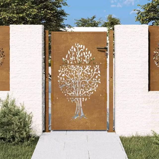 Berkfield Home Corten Steel Garden Gate with Tree Design in Brown, W: 105 cm, H: 130 cm – 1