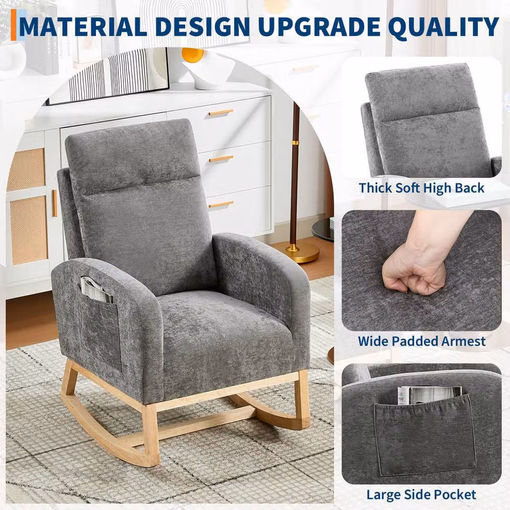 London Boutique Modern Rocking Glider Chair, Upholstered Grey Wingback Armchair with Side Pockets and Solid Rubberwood Frame – 3