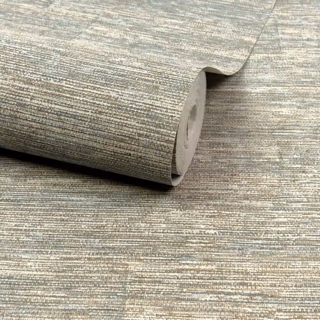 Grandeco Boutique Johor Fabric Stripe Embossed Wallpaper in Petrol, Beige and Brown